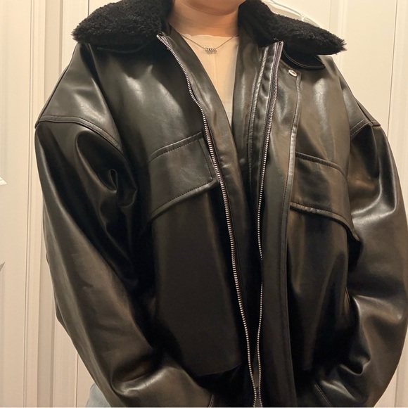 Black Faux Leather Bomber Jacket with removable sherpa collar - Picture 2 of 9